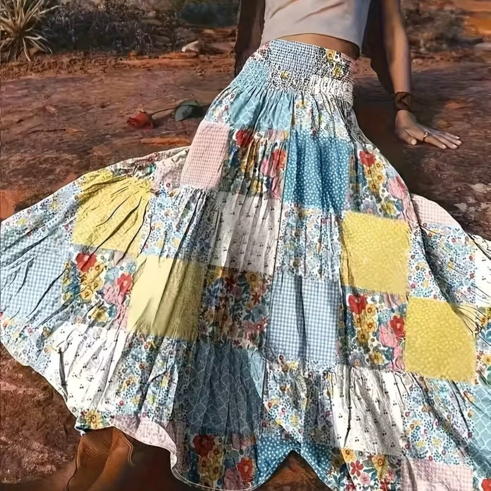 *SOLD* New Elastic Waisted Patchwork Look Long Skirt Skirt XL XXL Versatile